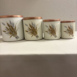 Vintage Wheat Metal Kitchen Canister Set Copper Lids Farmhouse 4 Pc Rustic Decor